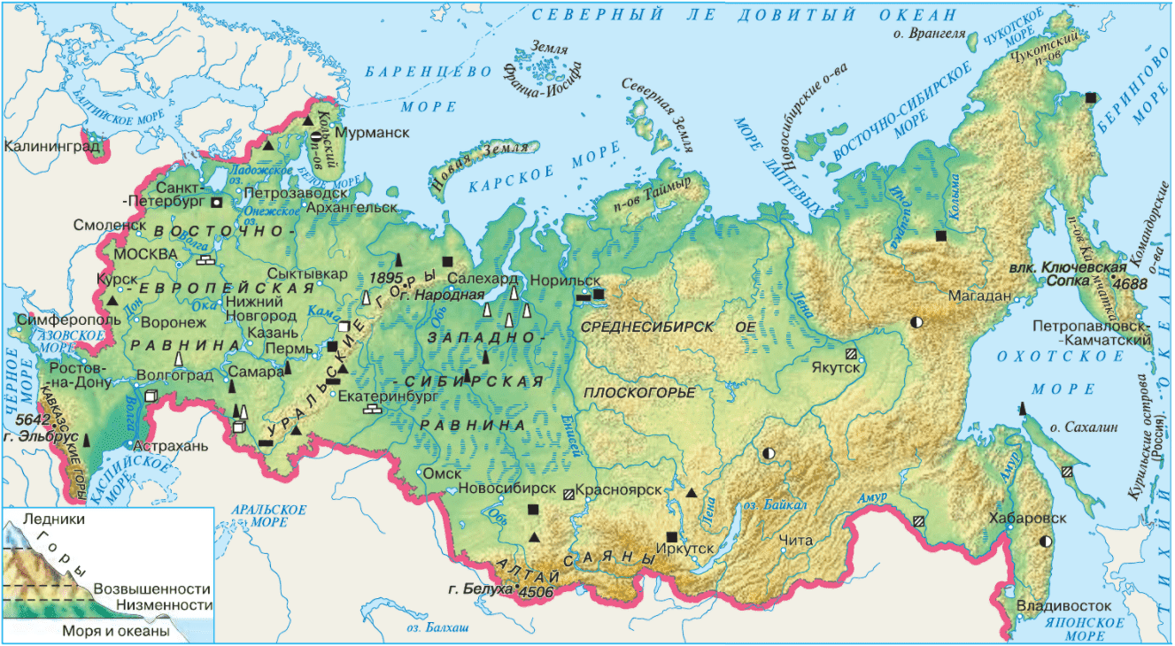 Физическая карта России горы и равнины